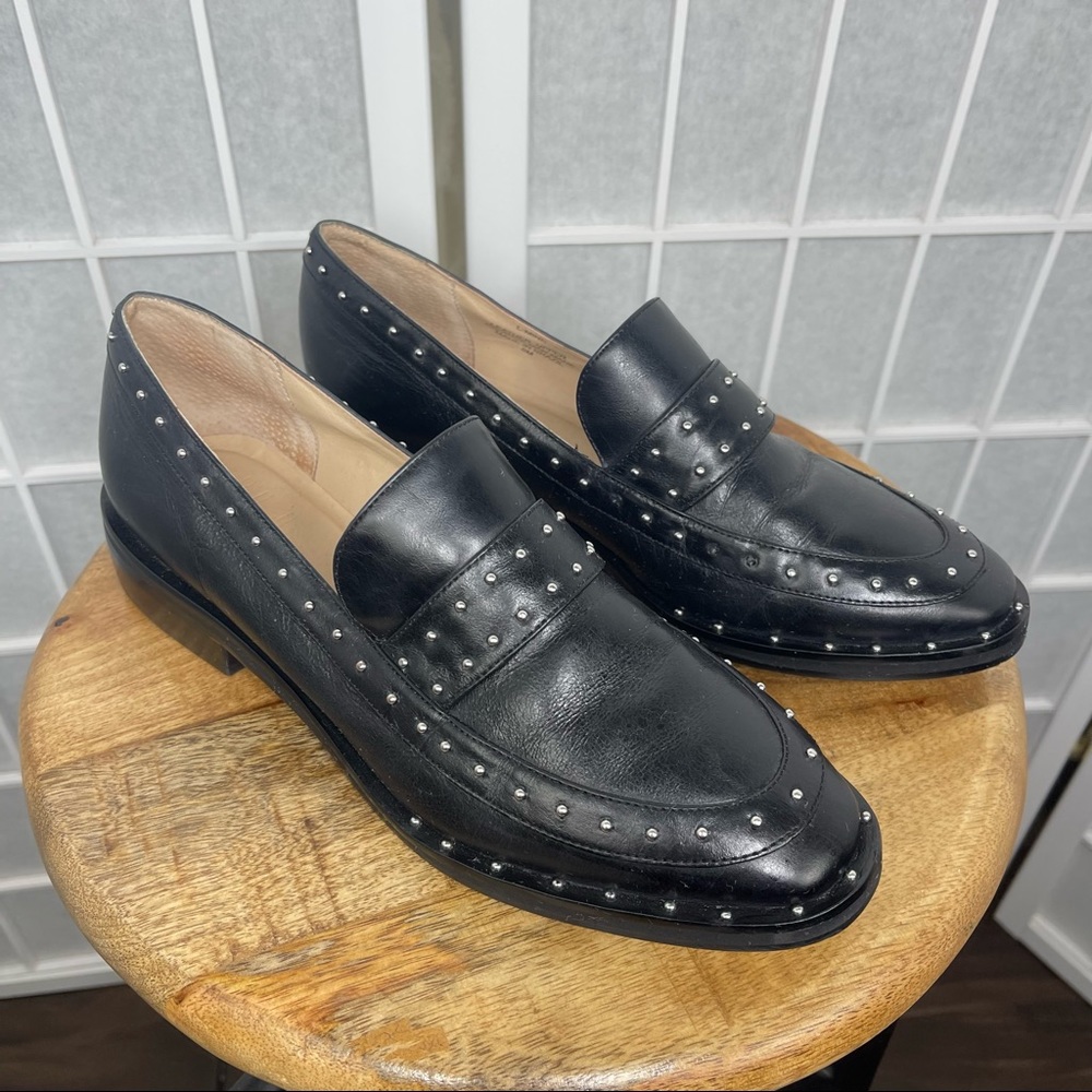 Stud-Trim Black Leather Penny Loafers